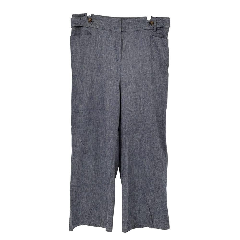 Talbots Wide Leg Trousers Blue‎ Cotton Linen Blend Button Tab Size 16